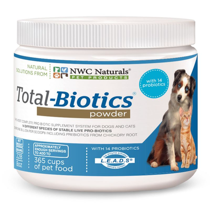 NWC Naturals Total-Biotics powder container for pets on a white background