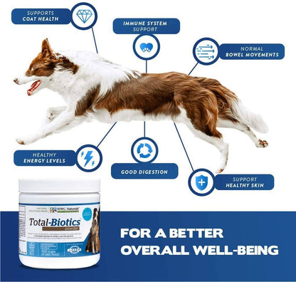 Dog with health benefits listed and a Total-Biotics powder container on a white and blue background