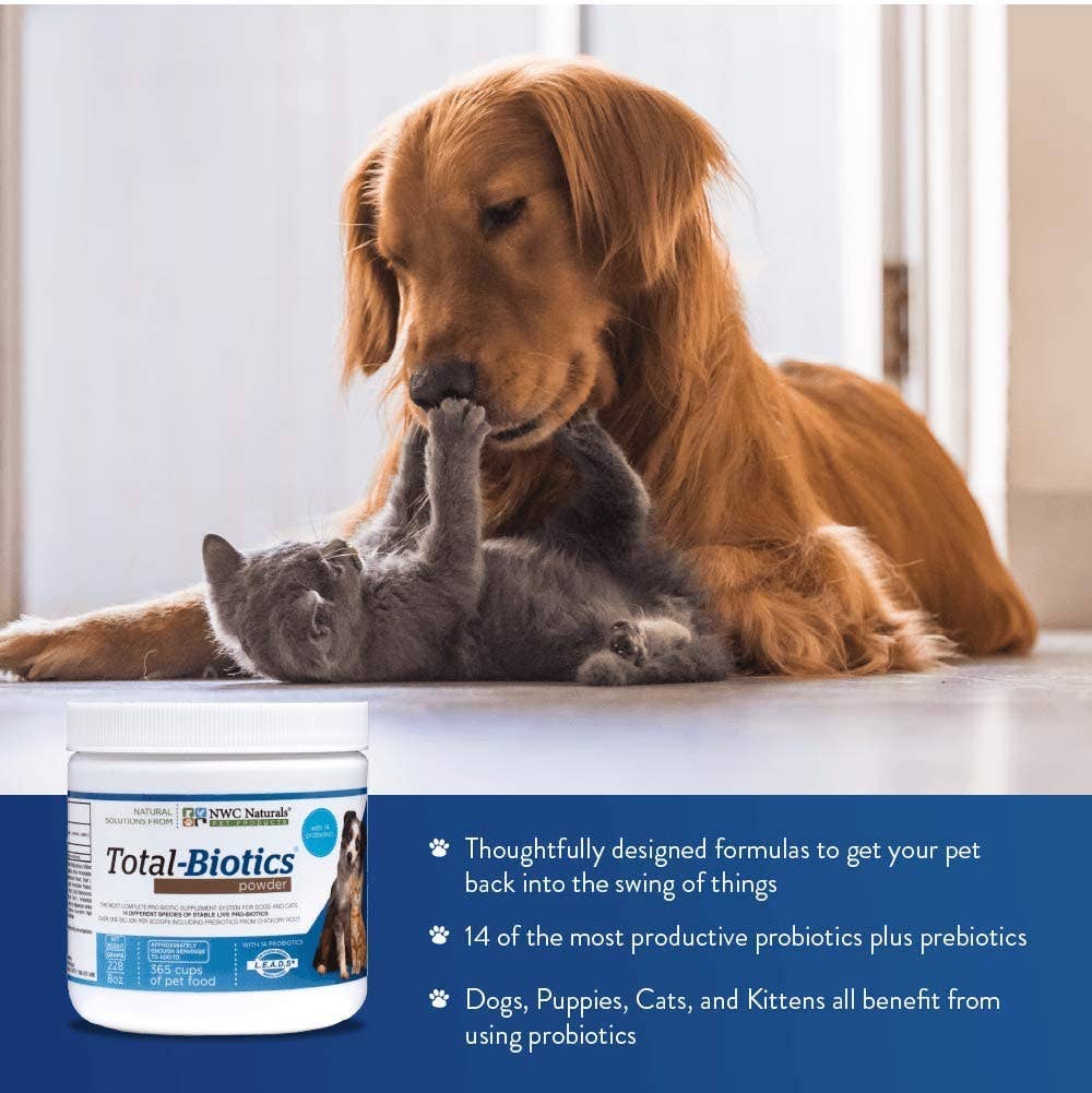 Dog and cat interacting with a Total-Biotics product container on a white surface.