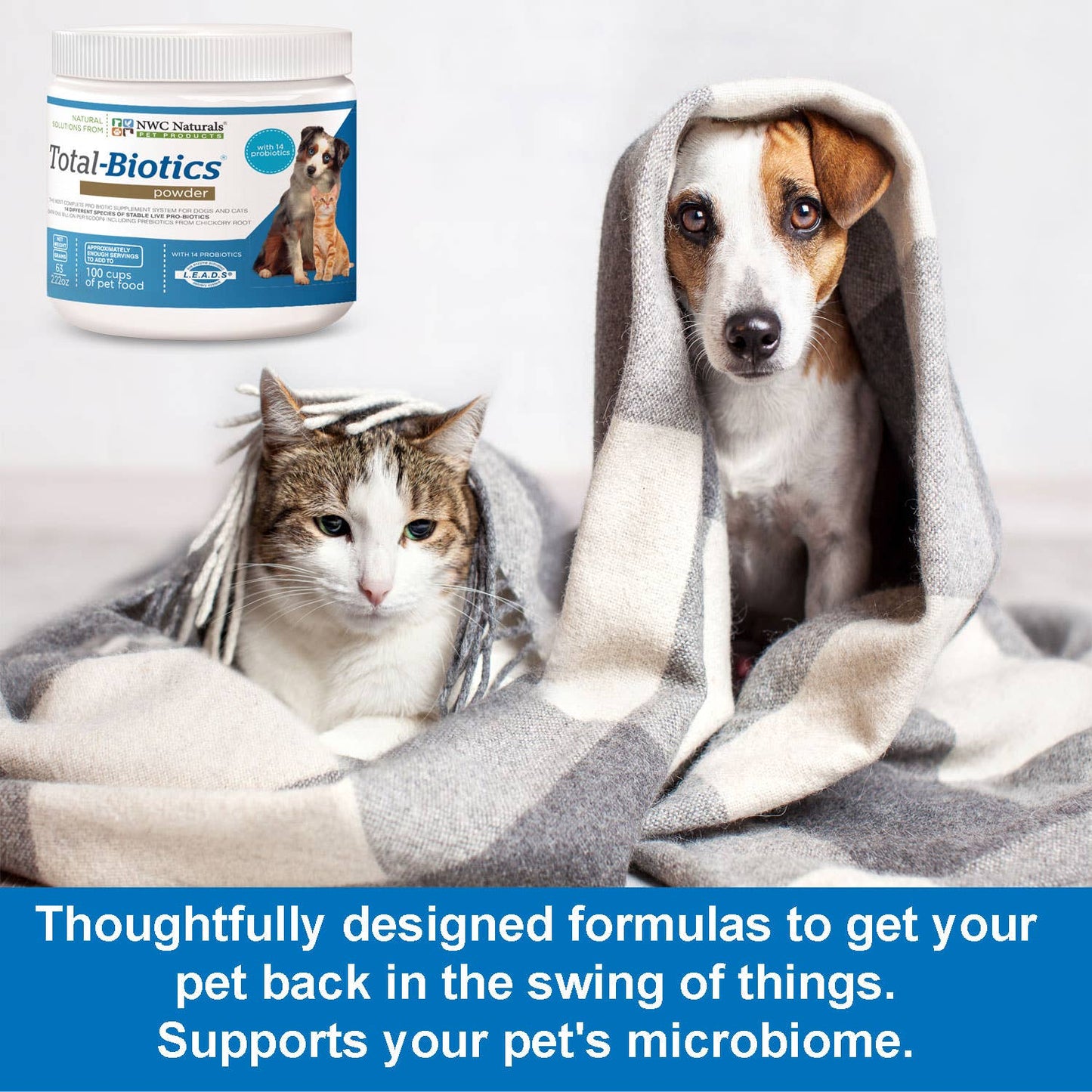 Dog and cat under a blanket with Total-Biotics product, text about pet health support.