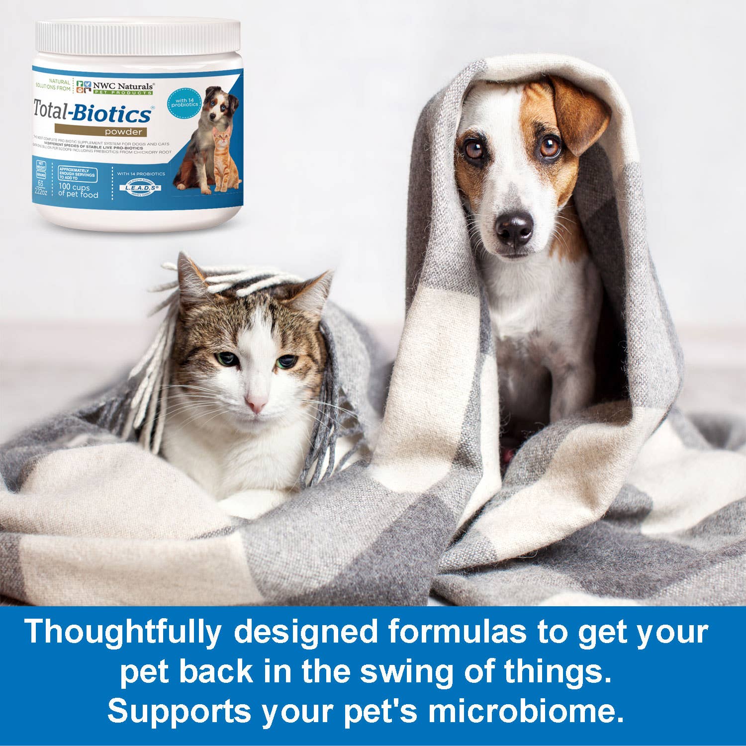 Dog and cat under a blanket with Total-Biotics product, text about pet health support.
