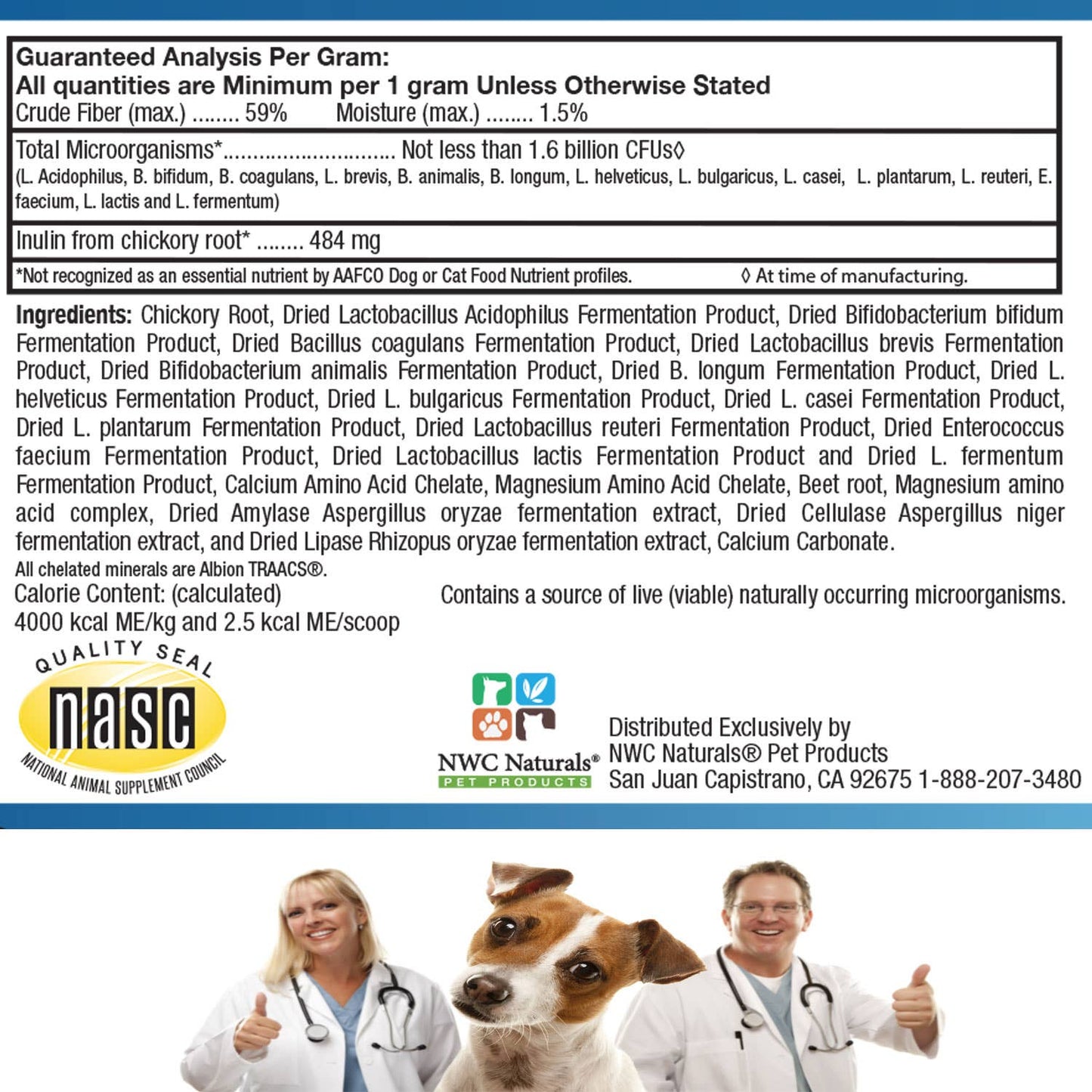 Product label with guaranteed analysis, ingredients, and branding for NWC Naturals pet products.