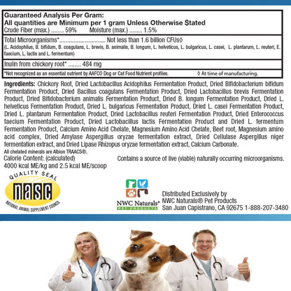 Product label with guaranteed analysis, ingredients, and branding for NWC Naturals pet products.