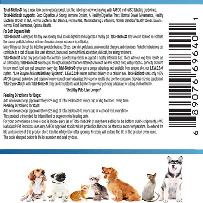 Back of a product packaging with text and images of dogs and cats, featuring Total-Biotics brand.