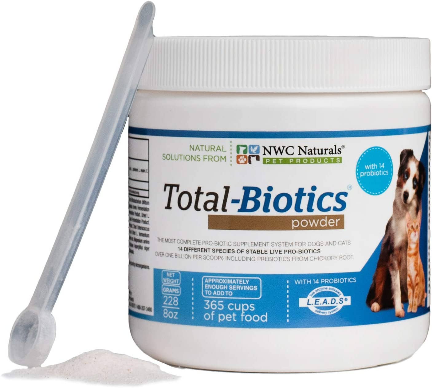 NWC Naturals Total-Biotics powder container with a scoop on a white background