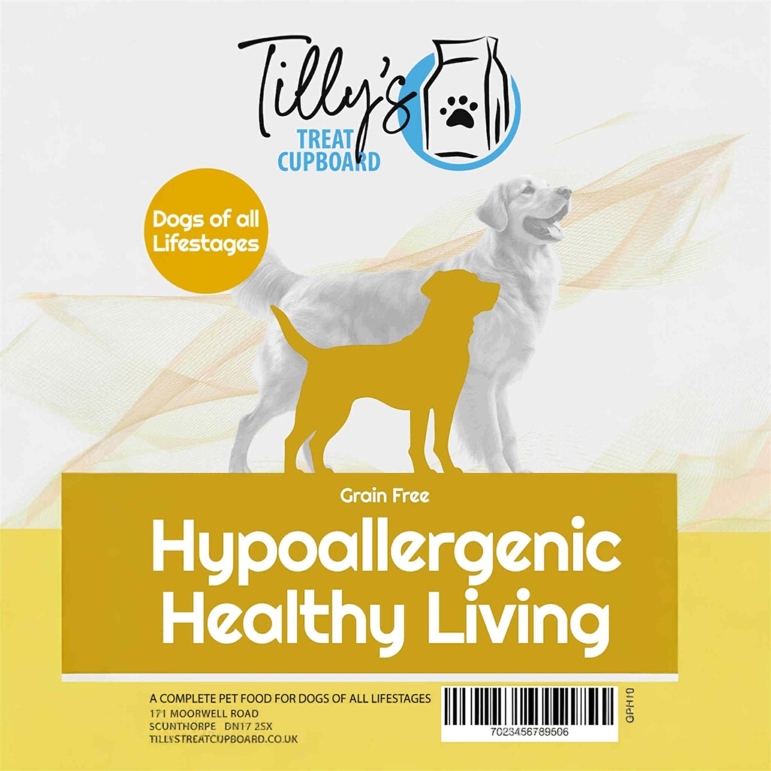 Tilly's Treat Cupboard packaging for dog food with silhouettes of dogs and text about hypoallergenic and healthy living.