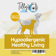 Tilly's Treat Cupboard packaging for dog food with silhouettes of dogs and text about hypoallergenic and healthy living.