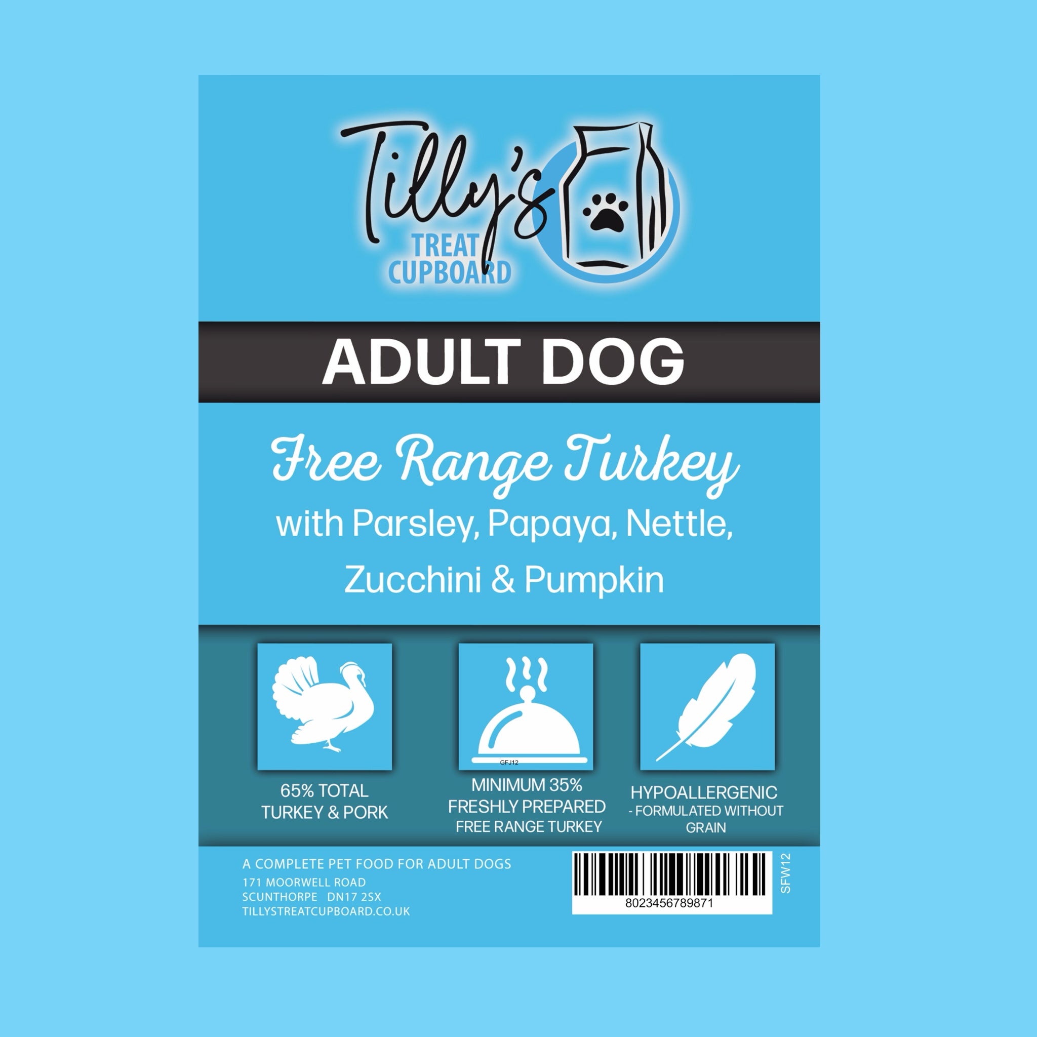 Tilly's Black Bag ADULT Free Range Turkey & Pork with Parsley, Papaya, Nettle, Zucchini & Pumpkin