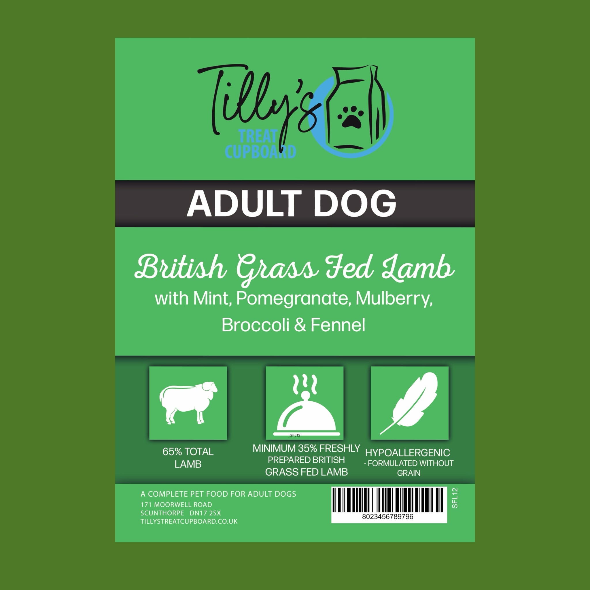 Tilly's Black Bag British Grass Fed Lamb with Mint, Pomegranate, Mulberry, Broccoli & Fennel ADULT DOG