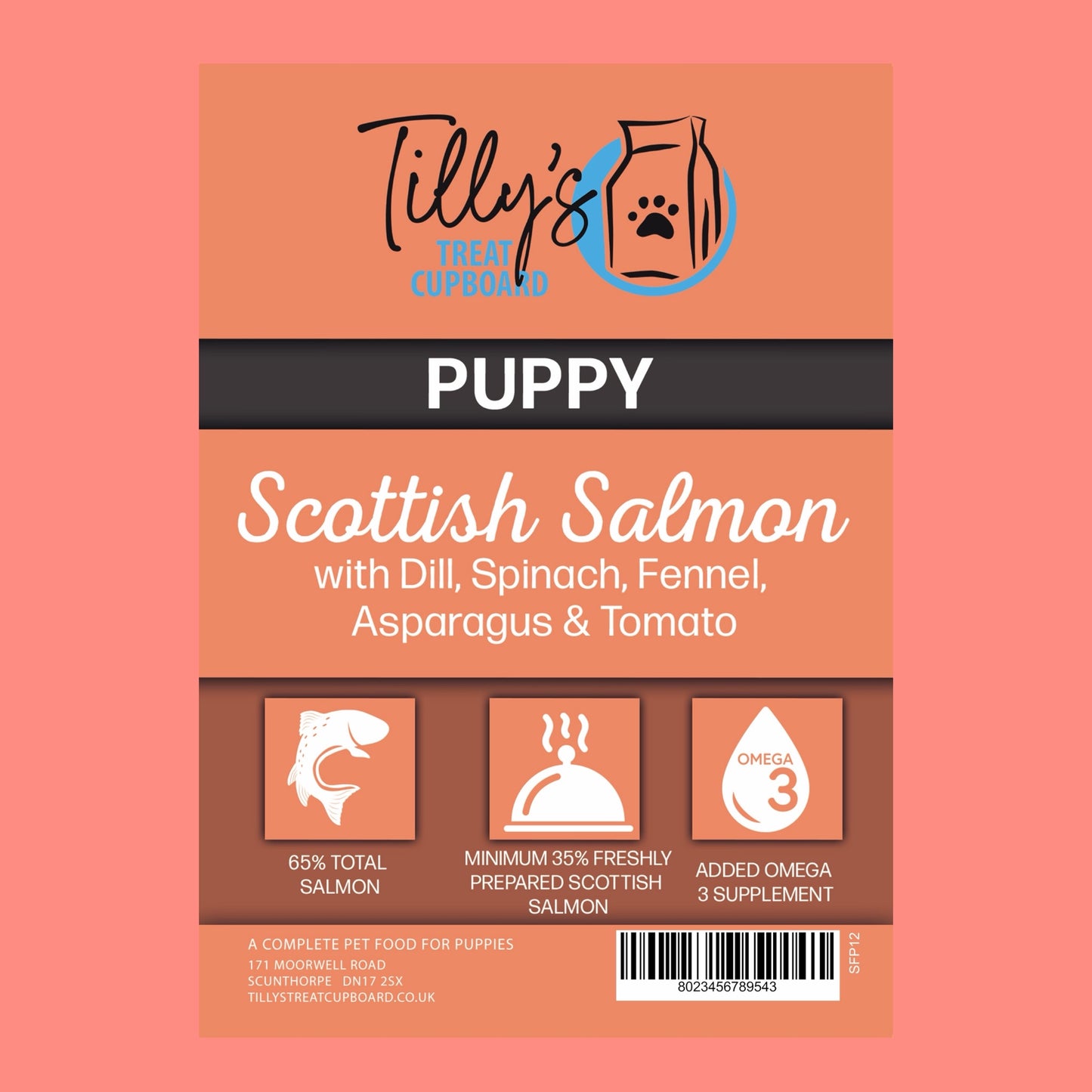 Tilly's Black Bag PUPPY Scottish Salmon with Dill, Spinach, Fennel, Asparagus & Tomato,