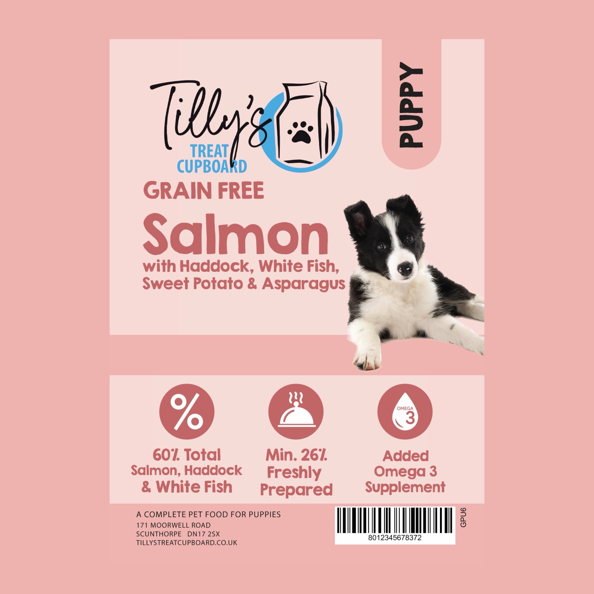 Tilly's Brown Bag PUPPY Salmon with Haddock, White Fish, Sweet Potato & Asparagus