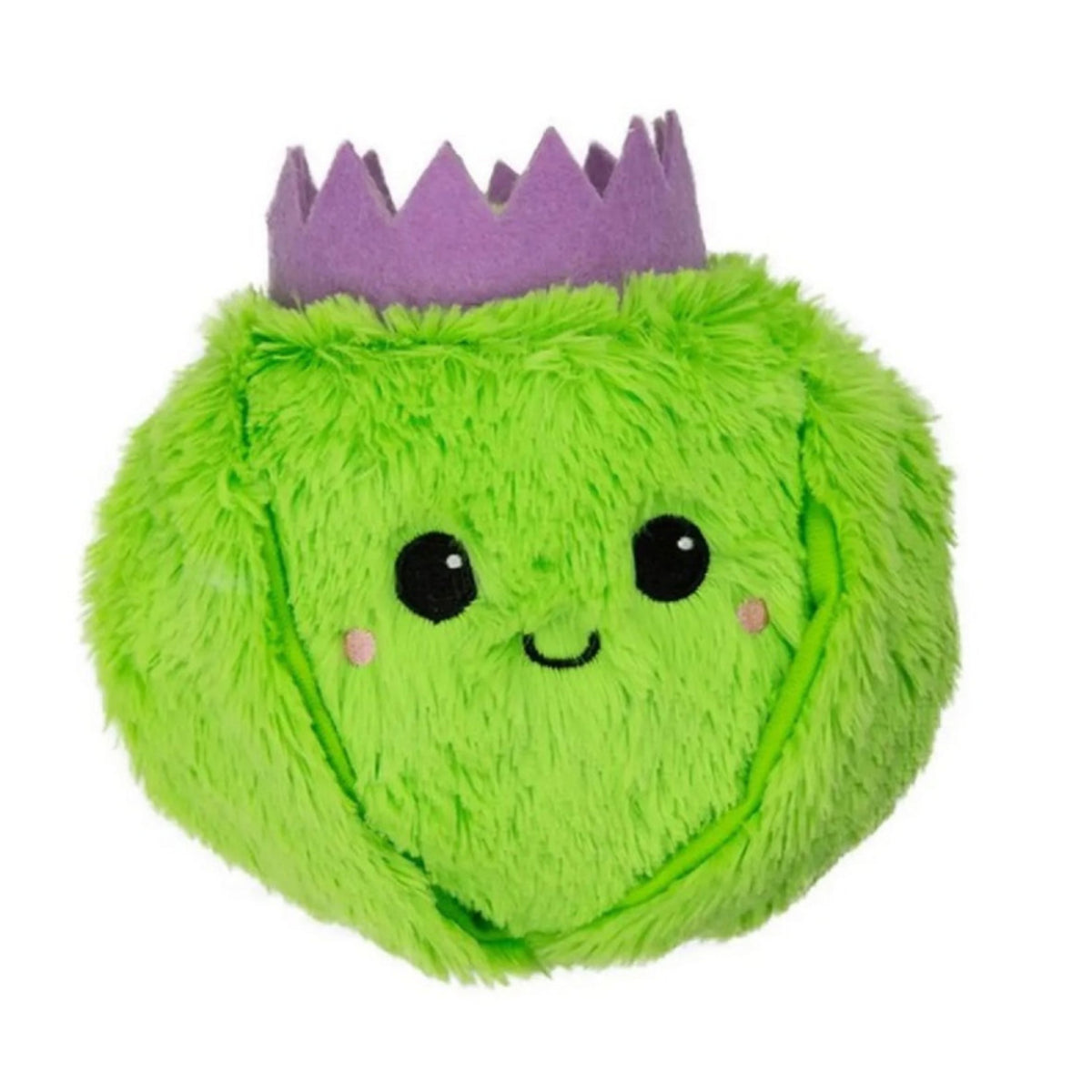 A green fuzzy plush sprout with a purple crown, black eyes, and a smiling face on a plain white background.