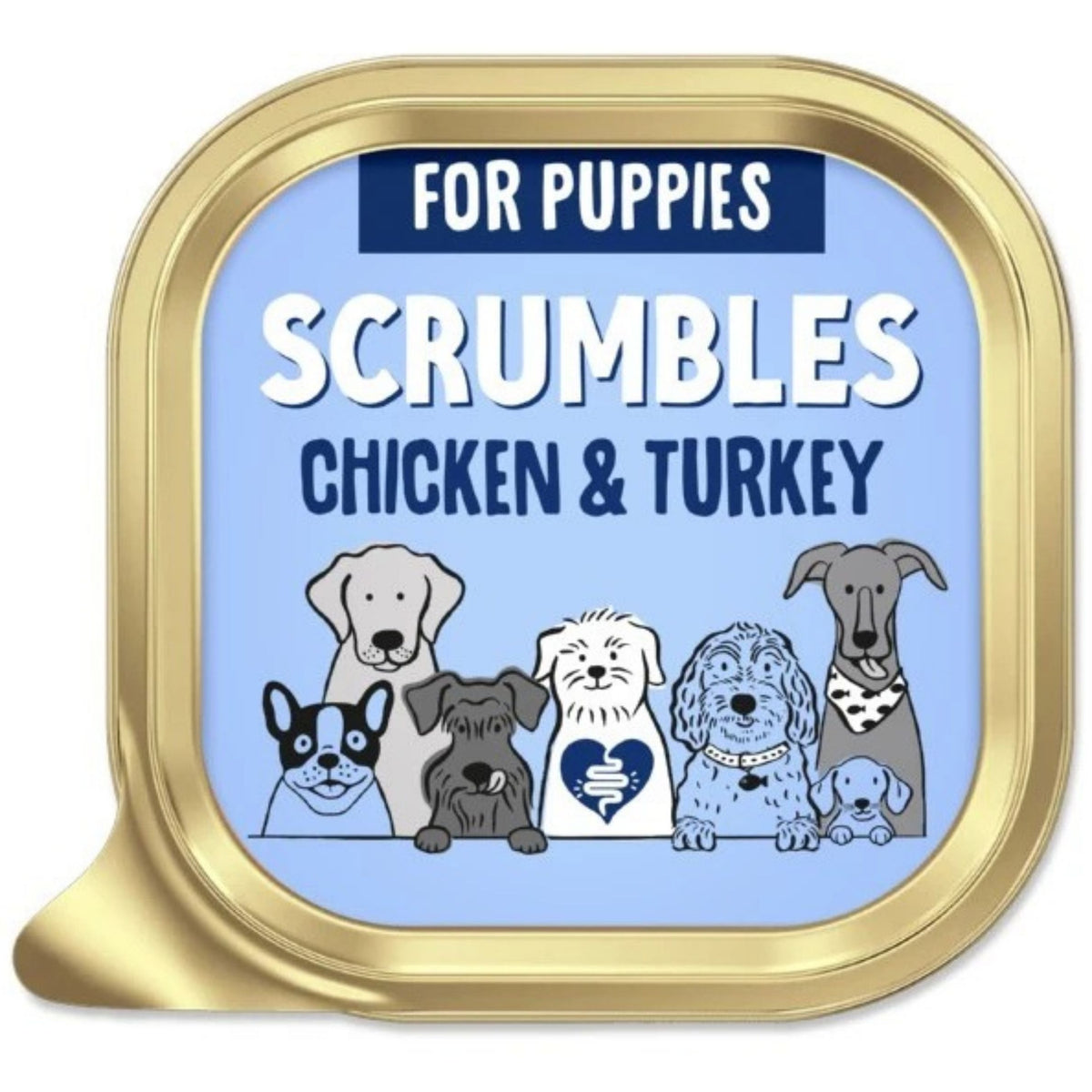 A single square pet food can with a gold rim and a light blue label reading 'FOR PUPPIES SCRAMBLES CHICKEN & TURKEY,' with illustrated dogs on the front.
