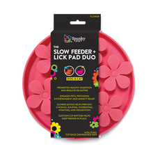 Pink flower-shaped slow feeder and lick pad duo packaging with Spunky Pup branding.