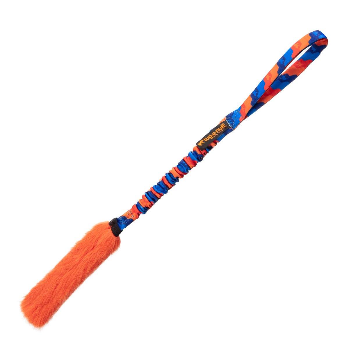Dog tug toy with blue and orange bungie and faux orange fur