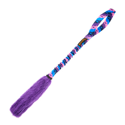 Dog tug toy with blue, purple and pink bungie and faux purple fur