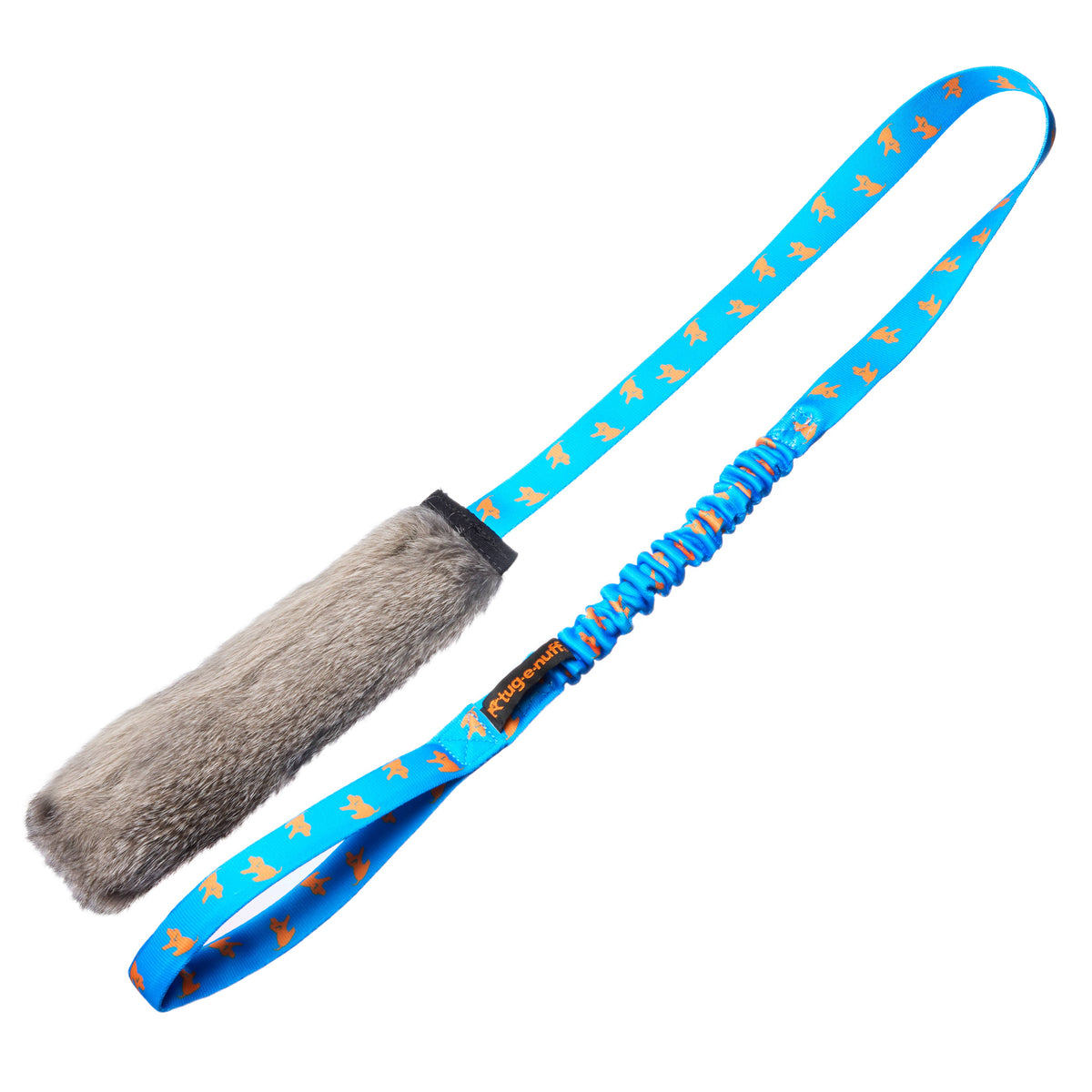 Blue dog toy with a furry handle on a white background
