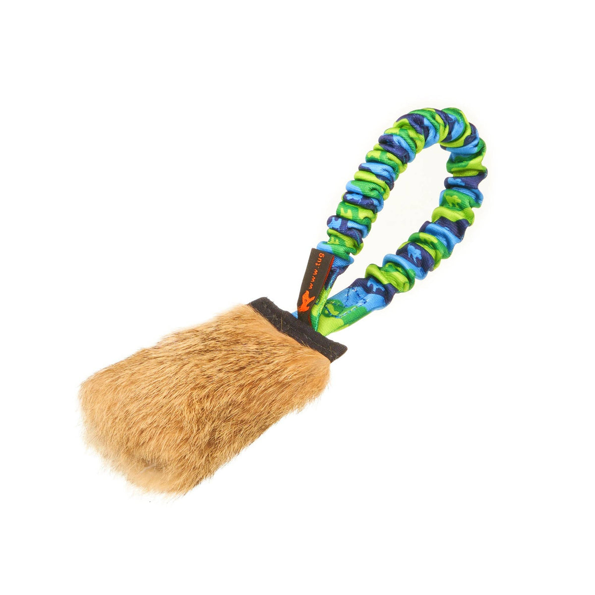 Dog toy with a textured handle and brown furry end on a white background