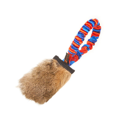 Dog toy with a furry handle and colorful rope on a white background