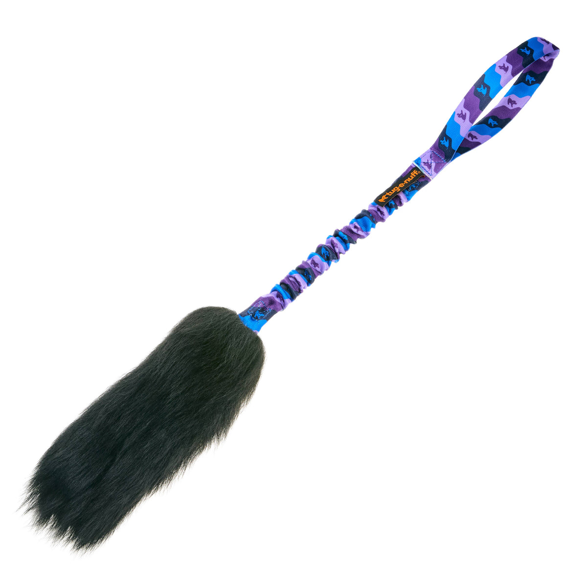 Dog toy with black sheepskin fur end and colourful braided handle on a white background