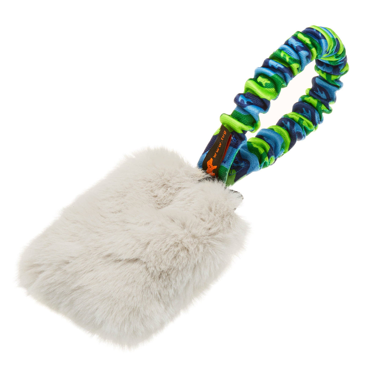 Dog toy with a fluffy white end and colourful handle on a white background