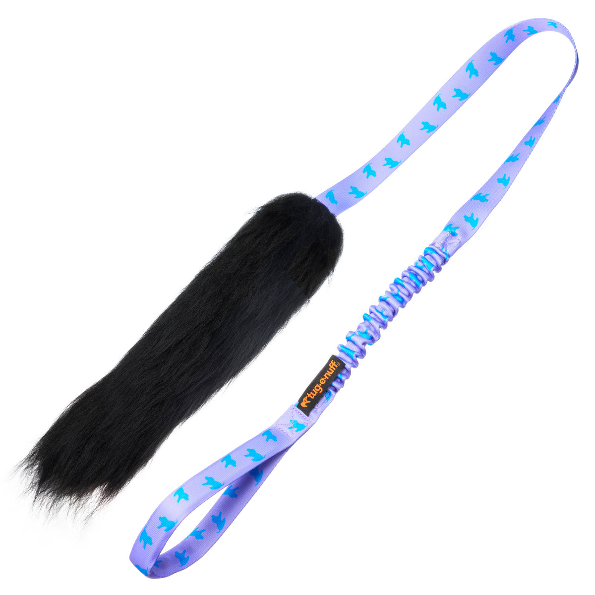 Black sheepskin tug with a purple and blue patterned strap on a white background