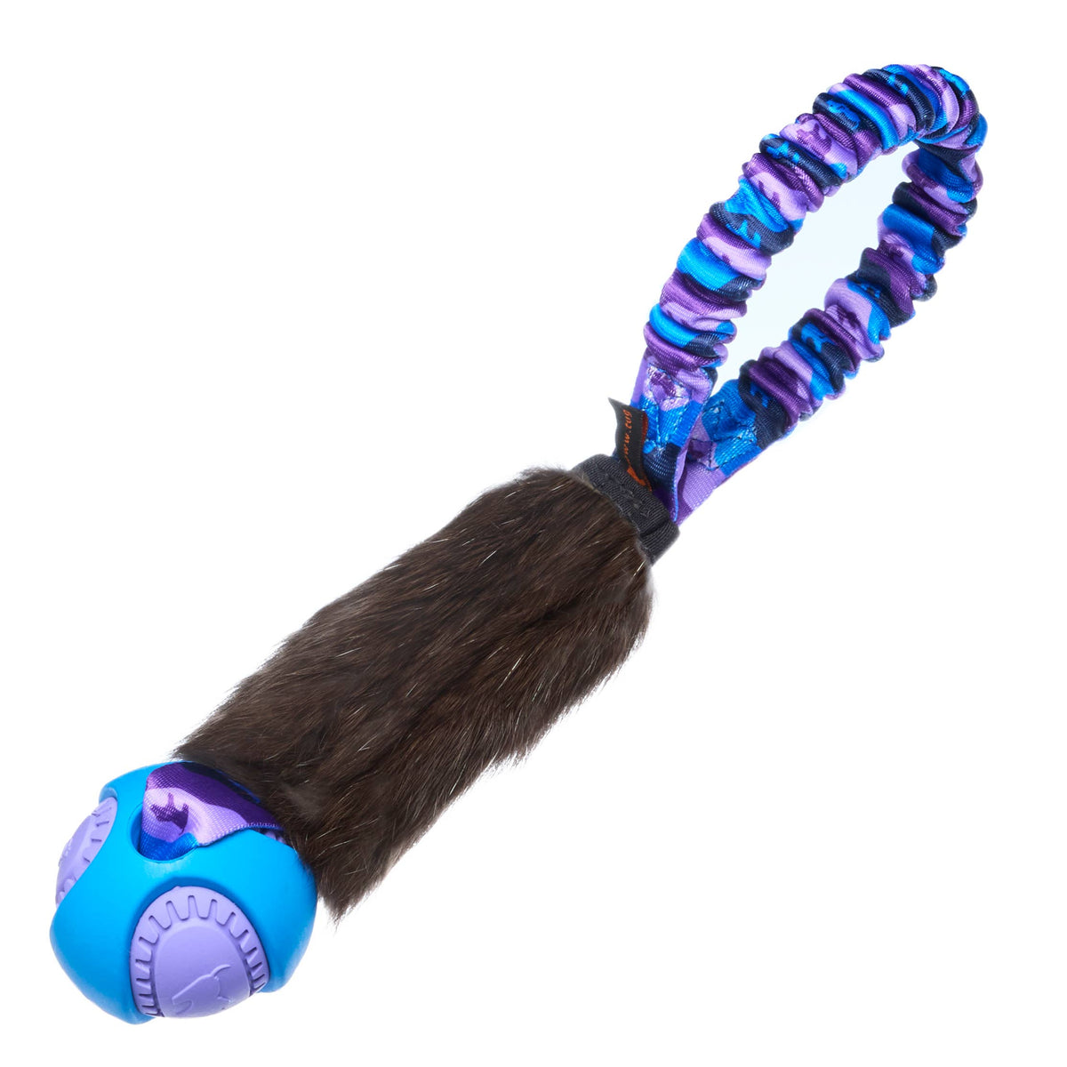 Dog toy with blue and purple handle and brown fur, on a white background