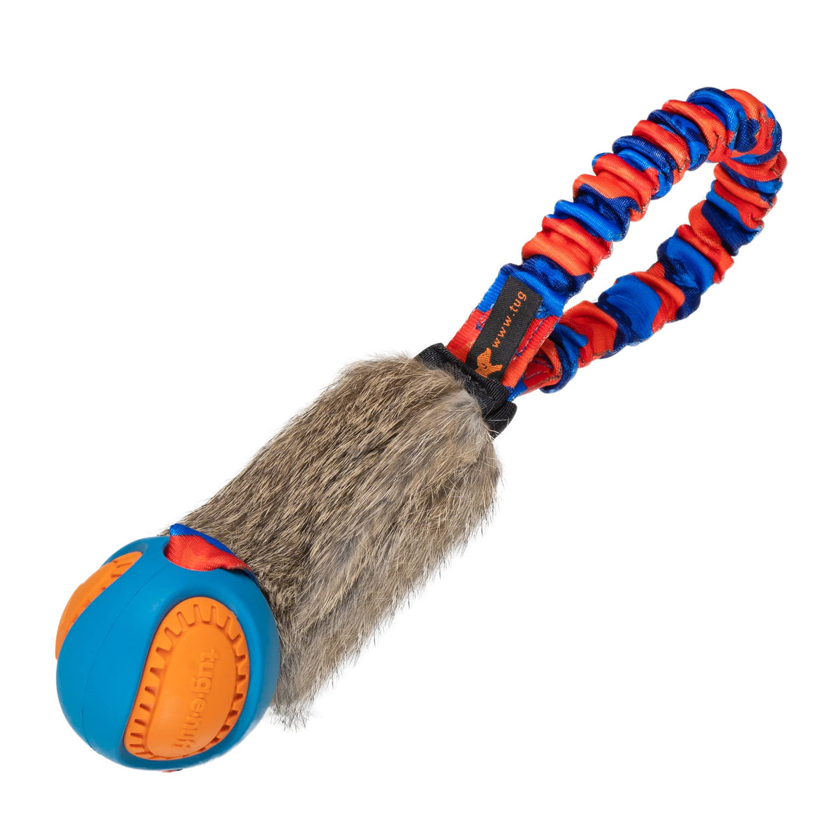 Dog toy with blue and orange handle and brown furry end on a white background