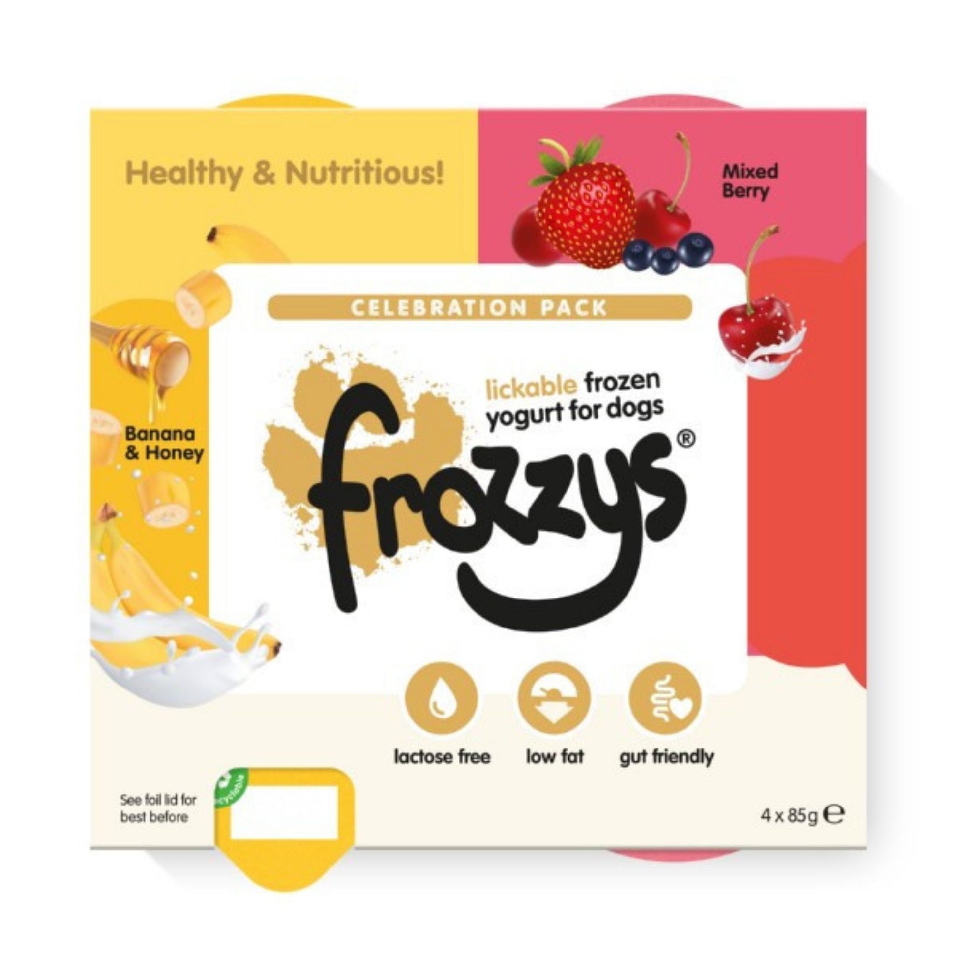 Frozzys lickable frozen yogurt for dogs packaging with banana, honey, mixed berry, and other ingredients on a white background.