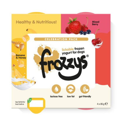 Frozzys lickable frozen yogurt for dogs packaging with banana, honey, mixed berry, and other ingredients on a white background.