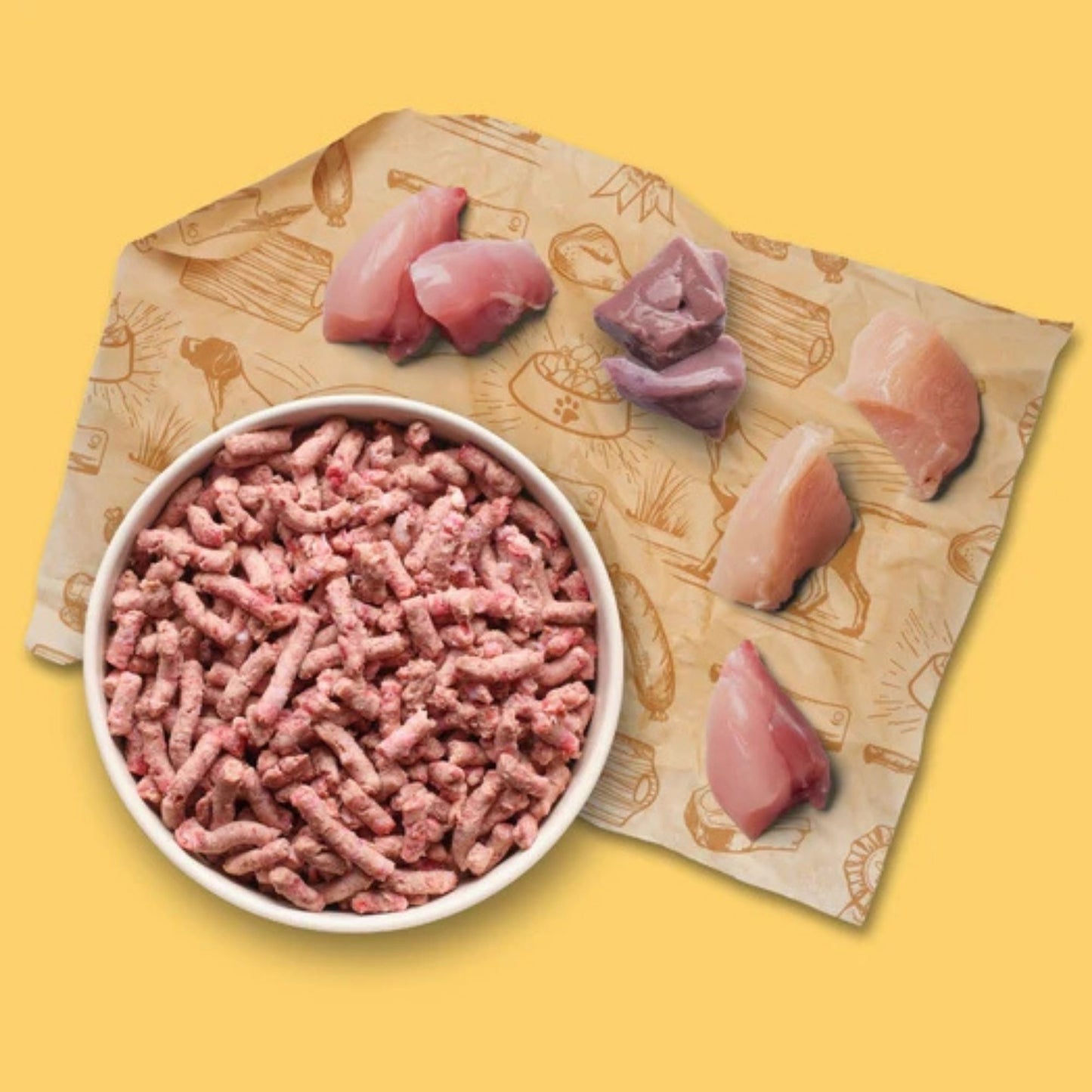 Raw dog food in a bowl with raw meat pieces on a patterned towel against a yellow background