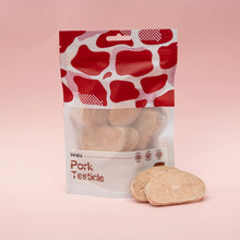Packaged product labeled 'Pork Testicle' with a red and white pattern on a pink background