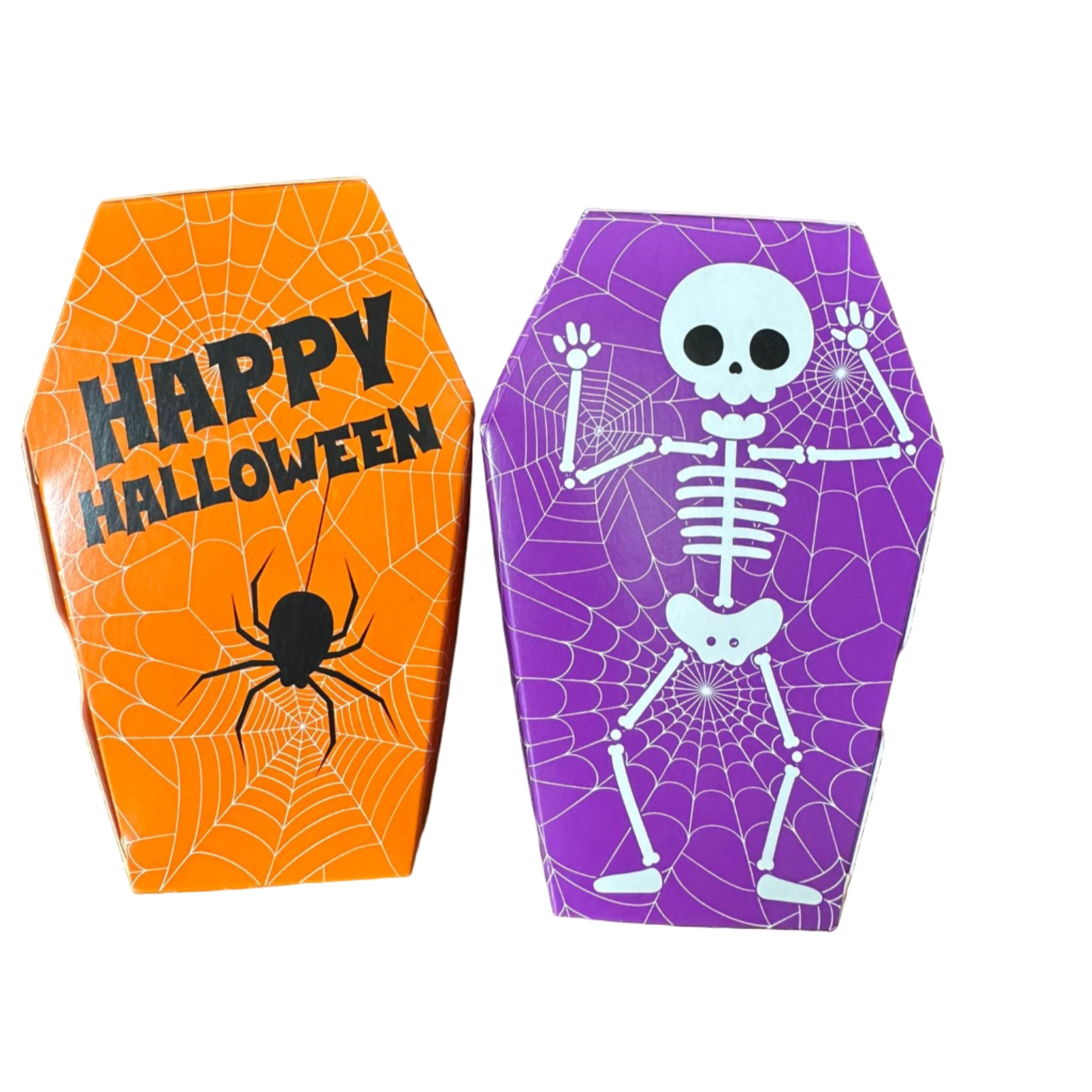 Two Halloween-themed coffin boxes on a wooden surface, one orange with 'Happy Halloween' and spider design, the other purple with skeleton design.