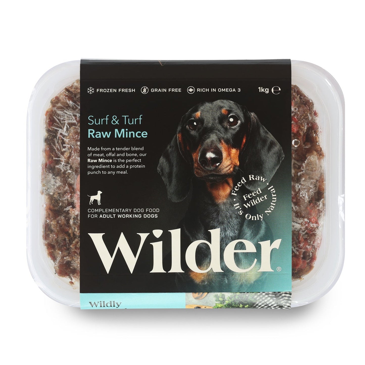 Wilder raw dog food package with a black and brown dog on the label