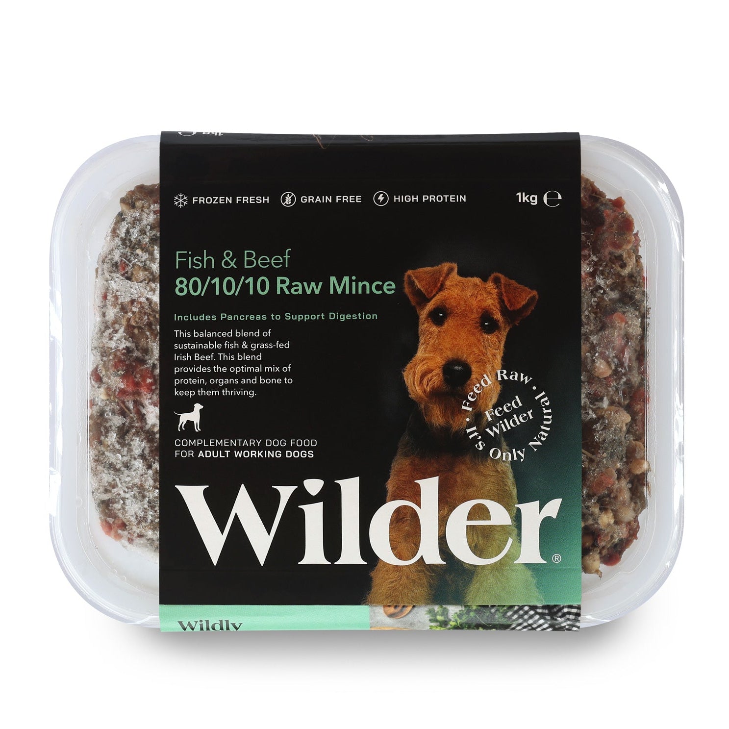 Wilder raw dog food package with a black label on a white background