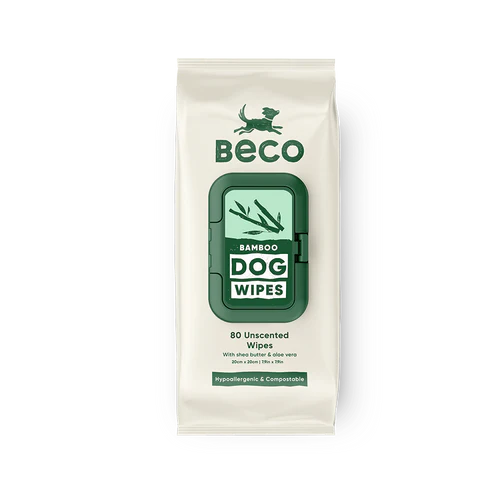 Packaging for Beco Bamboo Dog Wipes featuring 80 unscented wipes, made with bamboo, shea butter, and aloe vera.