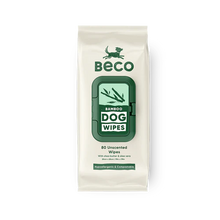 Packaging for Beco Bamboo Dog Wipes featuring 80 unscented wipes, made with bamboo, shea butter, and aloe vera.