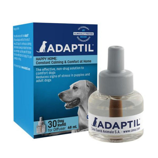Adaptil dog product packaging with bottle and box on a white background