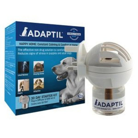 Adaptil dog product packaging and diffuser on a white background