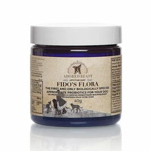 Adored Beast Fido's Flora probiotics for dogs in a blue tub with white lid on a white background