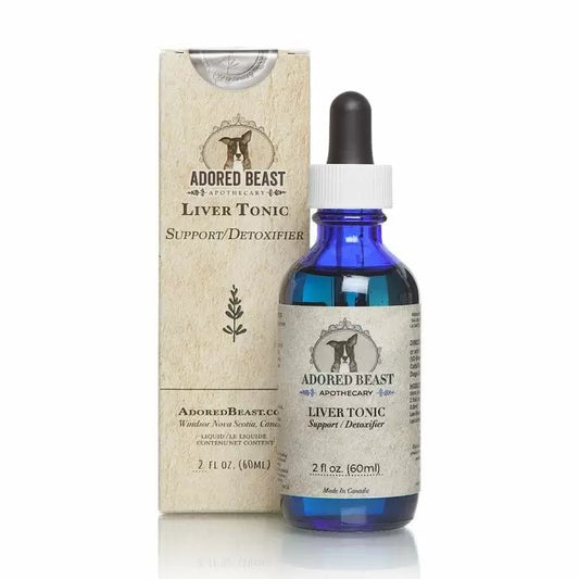 A product image showing a blue glass bottle with a dropper containing liver tonic, alongside its packaging box which has text and branding related to Adored Beast Apothecary.