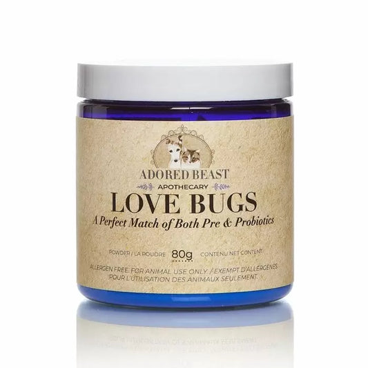 A blue jar of Adored Beast Love Bugs Pre & Probiotics with a beige label on it.