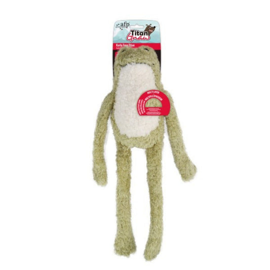 Green plush frog dog toy with a red label on a white background