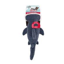 Dog toy shaped like a shark with packaging on a white background