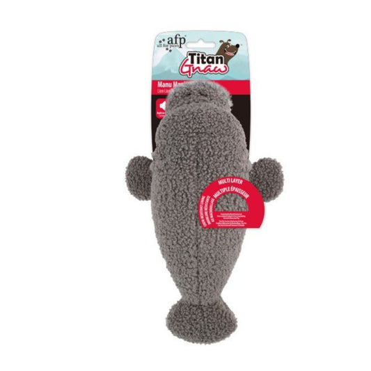 Gray manatee dog toy with packaging on a white background