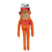 Orange monkey toy with a visible brand label on a white background