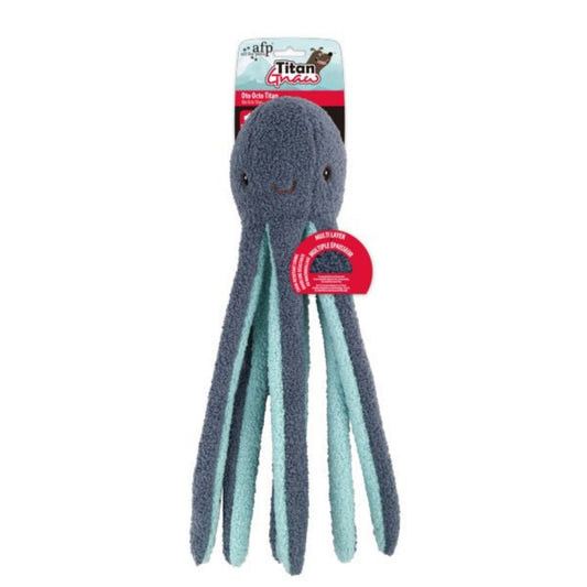 Plush octopus toy with a label on a white background