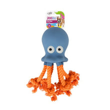 Blue octopus-shaped dog toy with orange rope on a white background