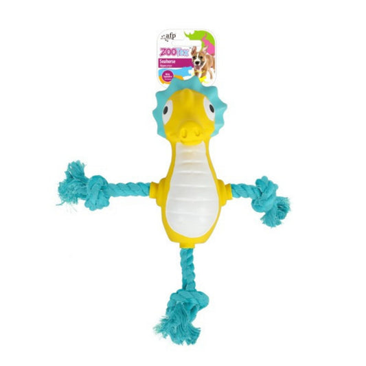 Dog toy shaped like a seahorse with blue rope, on a white background