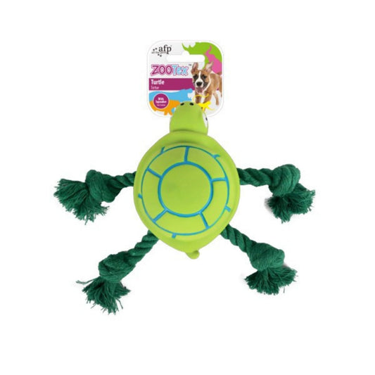 Green turtle-shaped dog toy with rope on a white background